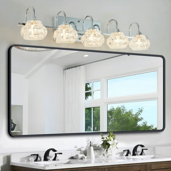 5-Light Bathroom Light Fixtures, Nickel Modern Bathroom 29.1in Vanity Lights with Flower Glass Shade, Bathroom Wall Lamp for Mirror Cabinet Porch, E12