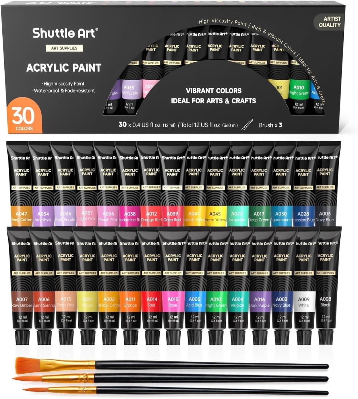 (2 pack) Acrylic Paint Set, Shuttle Art 30 x12ml Tubes Artist Quality Non Toxic Rich Pigments Colors Great for Kids Adults Professional Painting on Canvas Wood Clay Fabric Ceramic Crafts