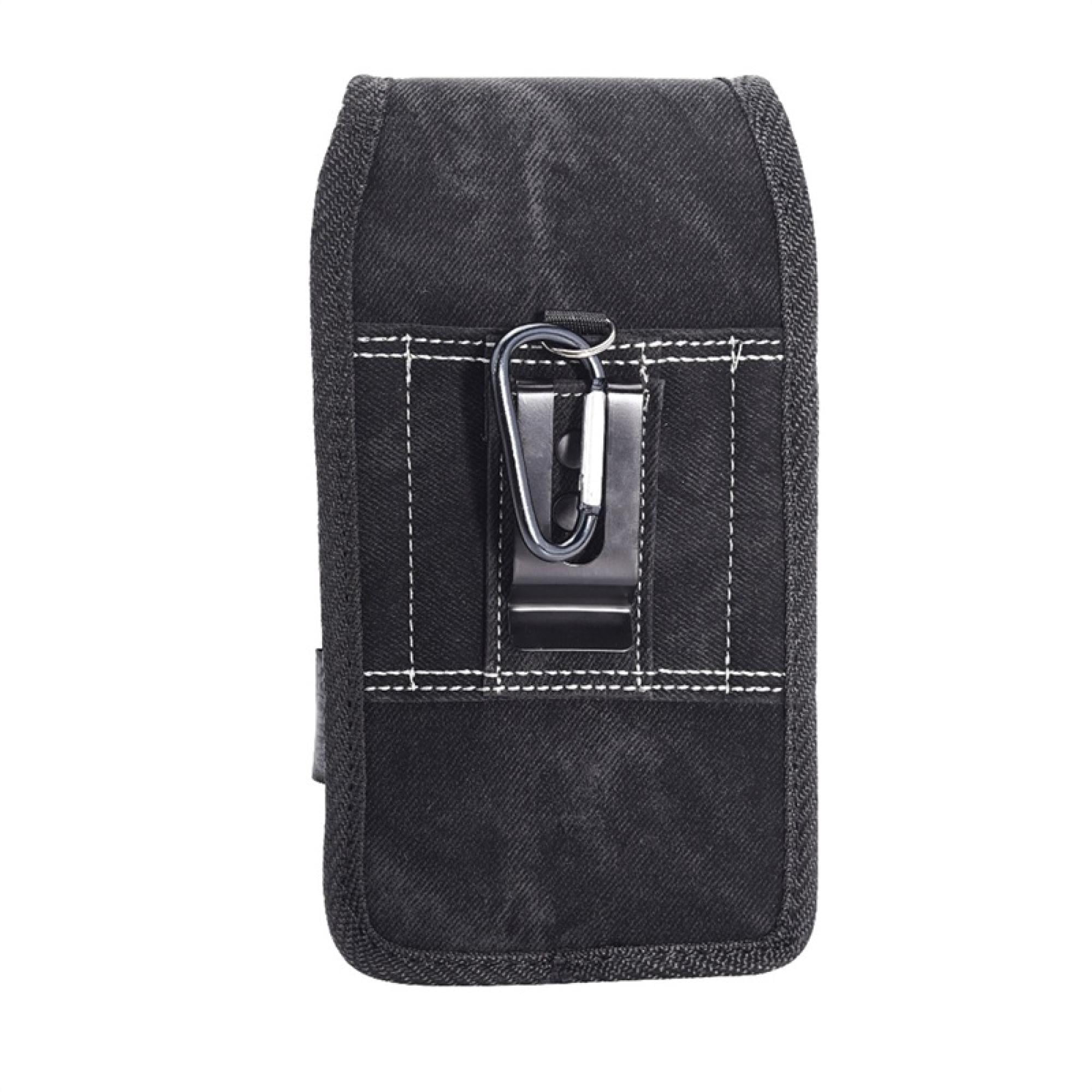Large Horizontal Universal Phone Pouch – Black Denim Fabric with Belt Clip – Fits Devices Up to 6.3"​