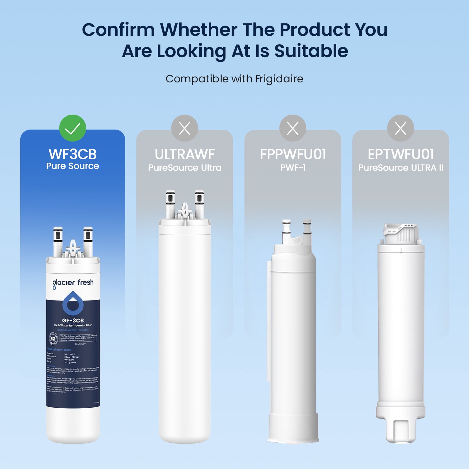 GLACIER FRESH WF3CB Refrigerator Water Filter Replacement for PureSource 3, 706465, WF425, PS3412266, AP4567491, 242017800 Refrigerator Water Filter, Pack of 4