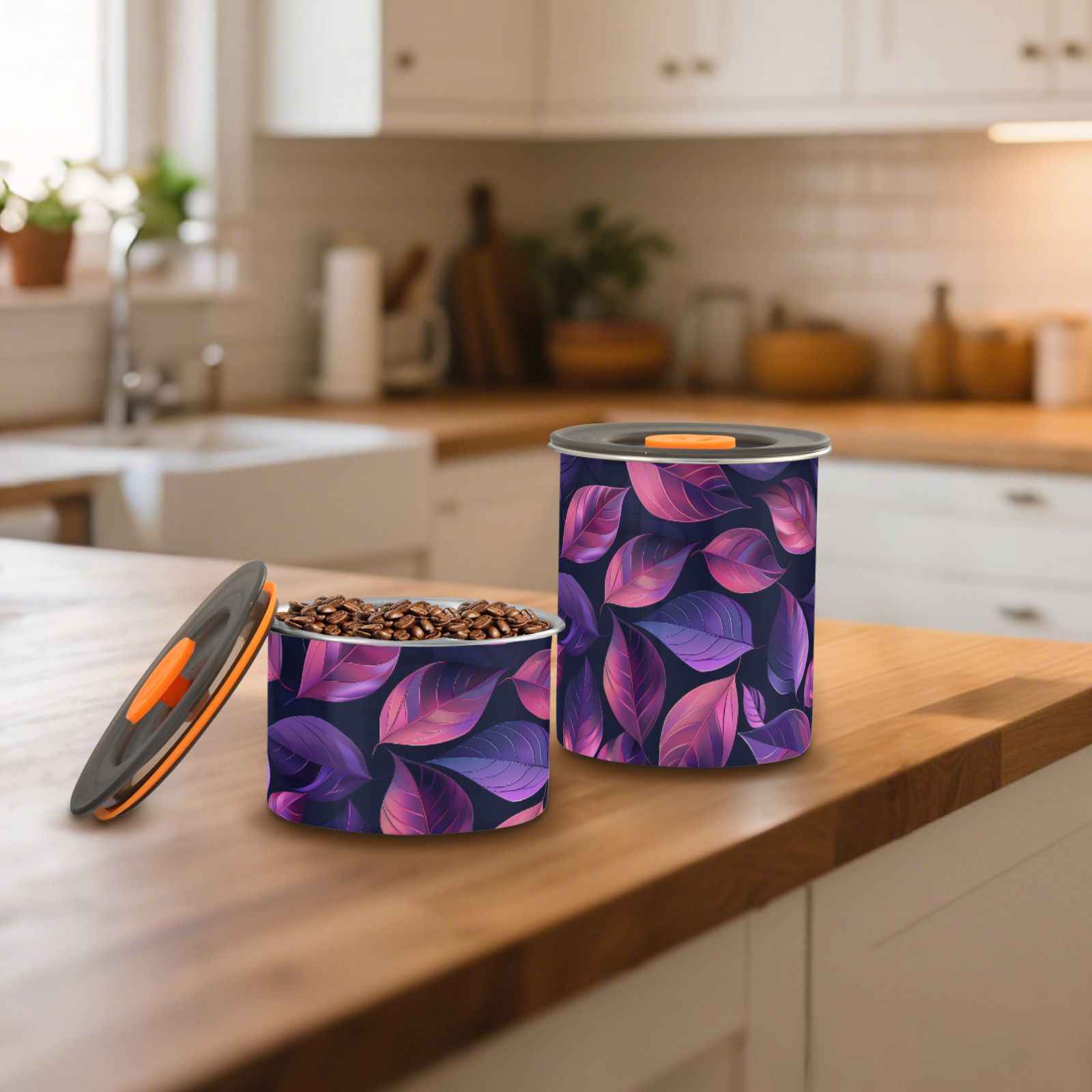 Abstract Gradient Leaves Airtight Coffee Bean Canister 30oz Food Storage Containers with Lids For Gournd, Tea, Sugar, Flour, Rice, Cereal, Candy Cookie Jar