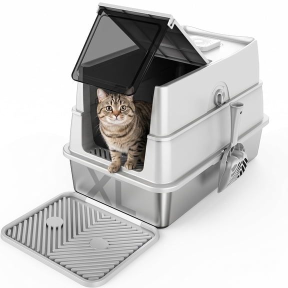 XL Extra Large Stainless Steel Litter Box with Lid, Metal Cat Litter Boxes for Big Cats Enclosed, Metal Litter Box with Litter Scoop Set, Non-Sticky, Anti-Urine Leakage, 24"*16"*18", Silver Gary