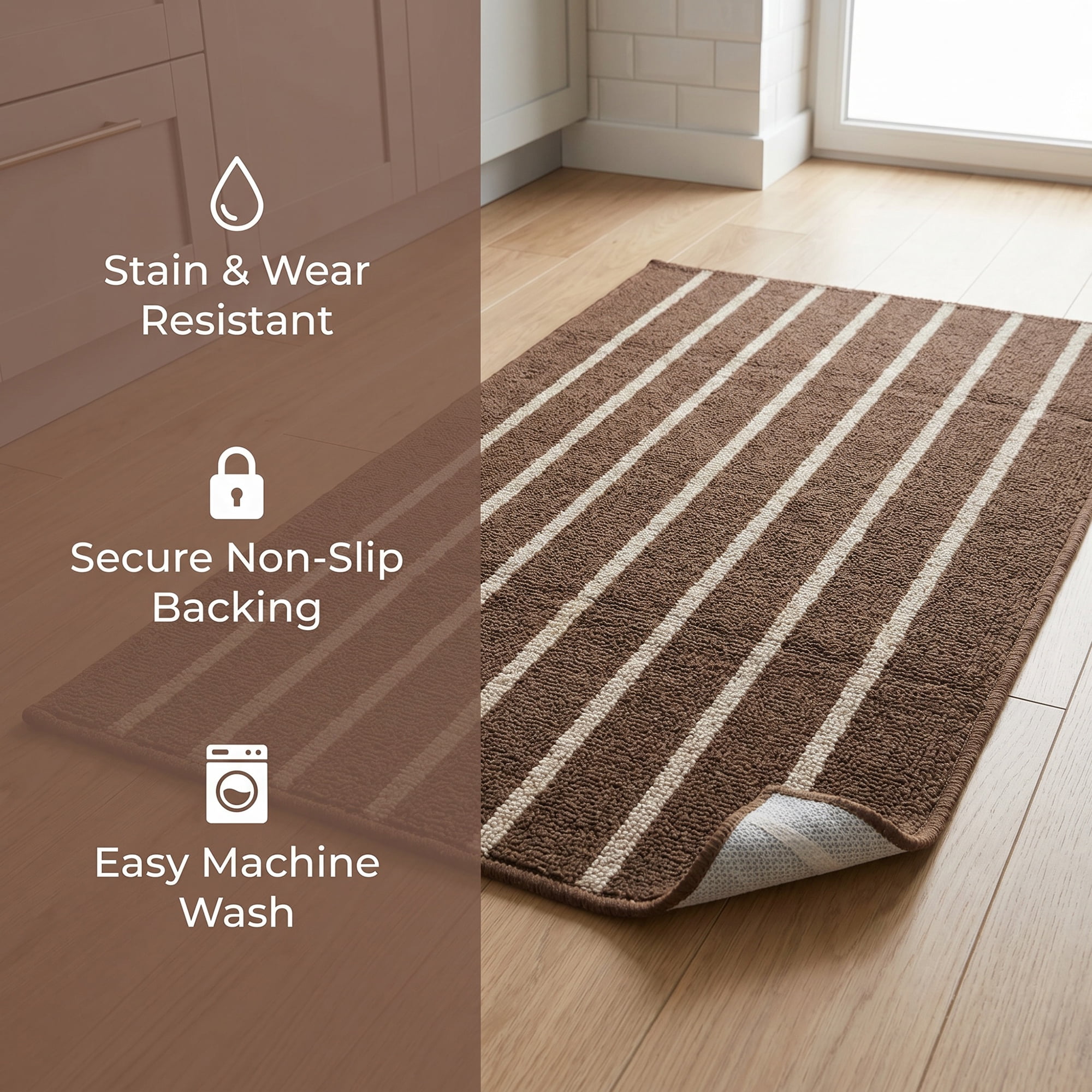 Unique Bargains Polypropylene Striped Non Slip Kitchen Runner Rug Brown 32" x 20"