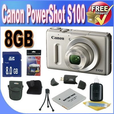 Digital Image Stabilized (Canon PowerShot S100 12.1 MP Digital Camera with 5x Wide Angle Optical Image Stabilized Zoom (Silver) + 8GB SDHC)