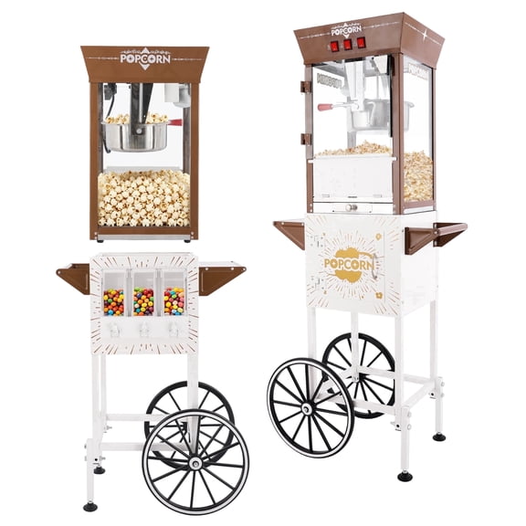 12 oz Popcorn Machine with Candy Dispenser and Rolling Cart, Vintage White, 800W, Stainless Steel Kettle