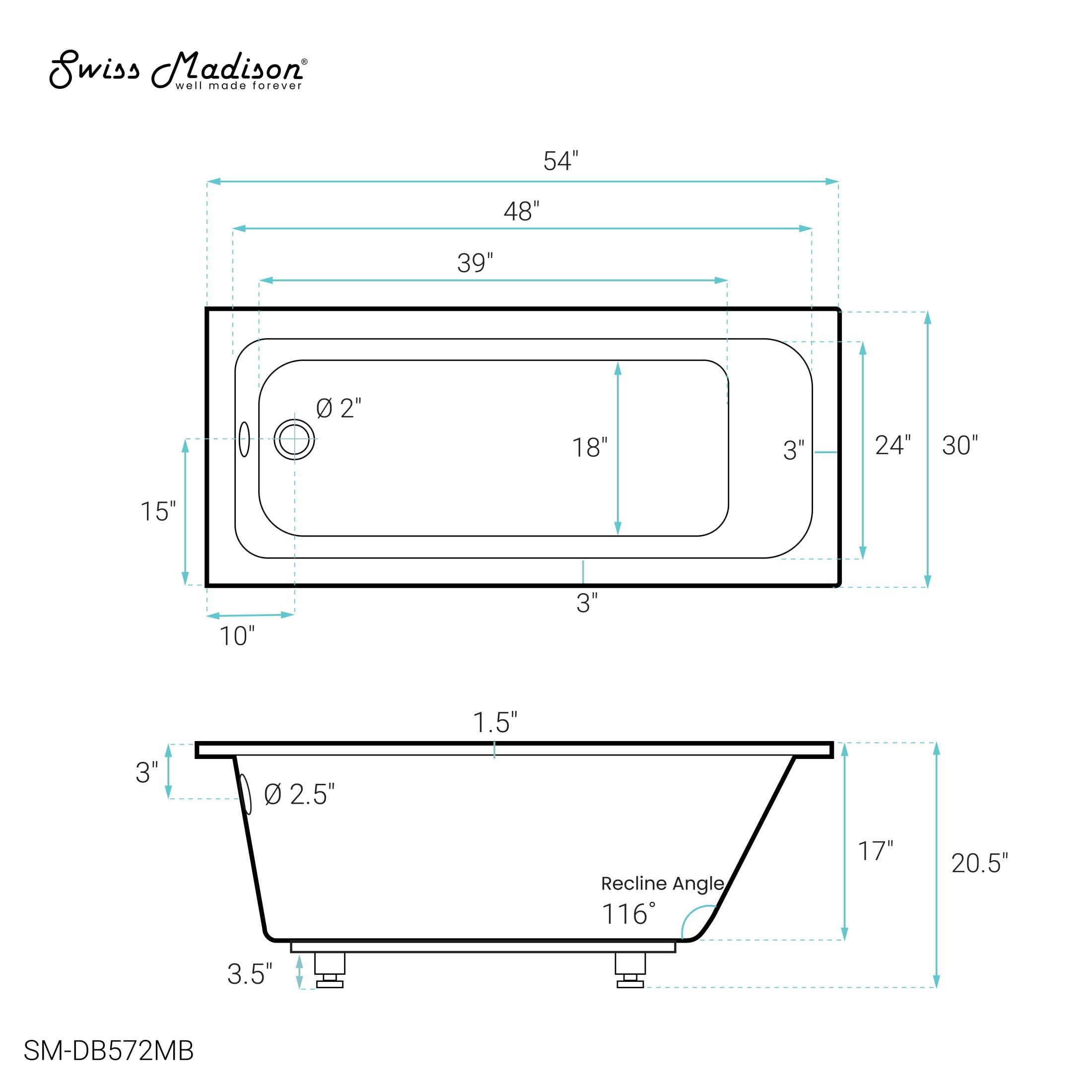 Voltaire 54" x 30" Reversible Drain Drop-In Bathtub in Matte Black