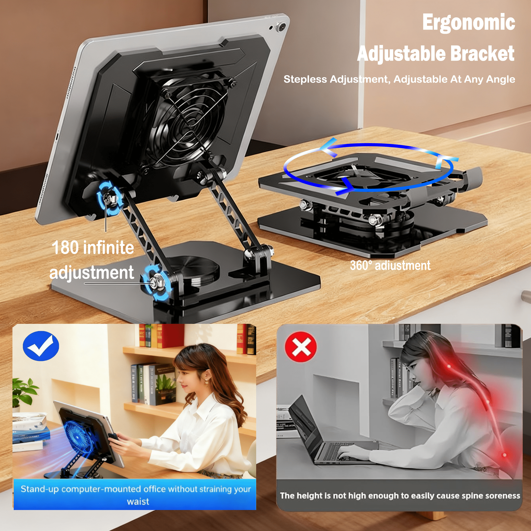 TIKBBRMG Tablet Stand for Desk with Quiet Cooling Fan, Adjustable Universal Tablet Holder with Multi Angle Aluminium Alloy, 360° Swivel Base, Black