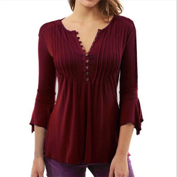Camiseta holgada informal de manga de siete puntos para mujer, Túnica plisada con botones, Tops con cuello en V, ropa de verano