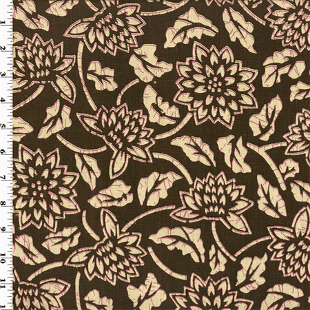 Vintage Linen Brown  Batik  Floral  Print Decorating Fabric 