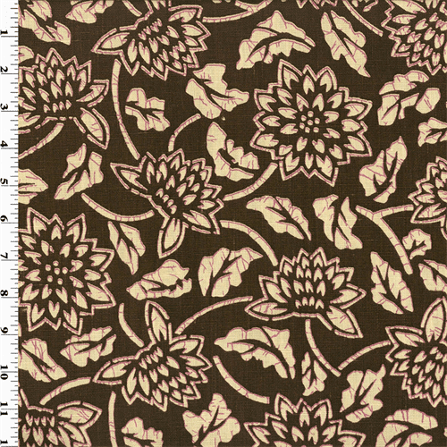 Vintage Linen Brown Batik Floral Print Decorating Fabric, Fabric By the