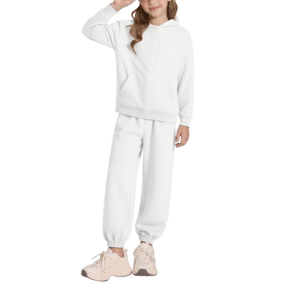 UACY Boys Girls Preppy Sweatsuit Set, 2-Piece Outfit with Zip Up Hoodie and Joggers, Fall Winter School Athletic Clothing Set (White, 9-10 Years)