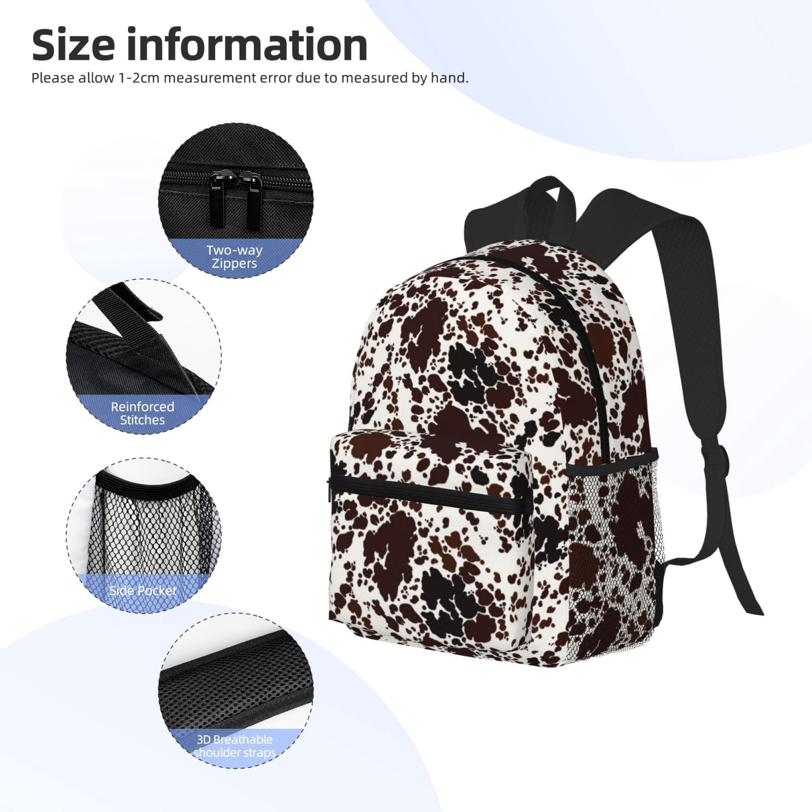 Horeoi Cow Skin Print Casual Backpack for School Work Travel Hiking with Laptop Compartment and Side Pockets Lightweight Design
