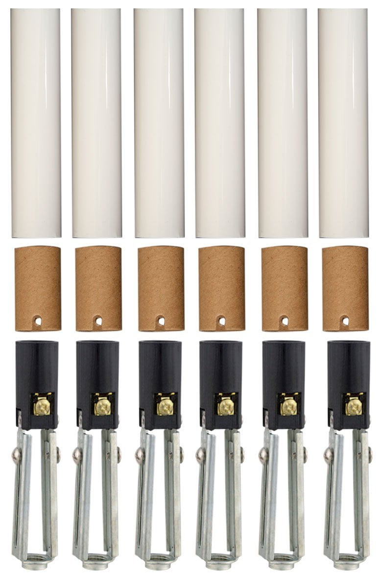 Creative Hobbies Chandelier Lighting Fixture Socket Kit, Adjustable Height Candelabra E-12 Sockets with Cardboard Insulators and 4-Inch Tall White Plastic Candle Cover Sleeves, Set of 6