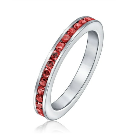 Engraved Wedding Set Red Cubic Zirconia Channel Set Eternity Band Ring Simulated Ruby CZ Stackable 925 Silver with Engraving ()