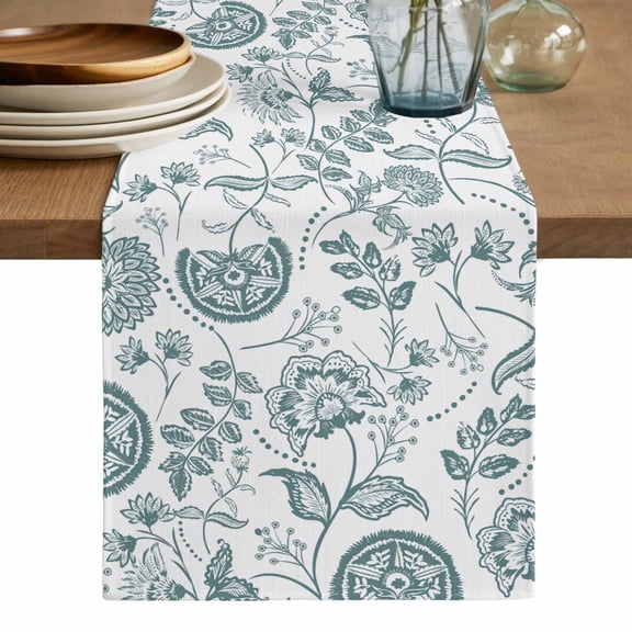 Boho Teal Green Floral Table Runner, Vintage Farmhouse Paisley Leaf Washable Cotton Linen Table Runners 48 Inches Long, Dresser Scarf Runner for Nightstand/Coffee/End Tables 13''x48''