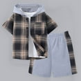 thumbnail image 6 of Xudanell Boys Summer Clothes Baby Boy Outfits Short Sleeved Shirts Pants Plaid Color Collision Hooded Two Piece Suit Boys Suit Track Suits For Kids Boys 2 Piece Sets, 6 of 7