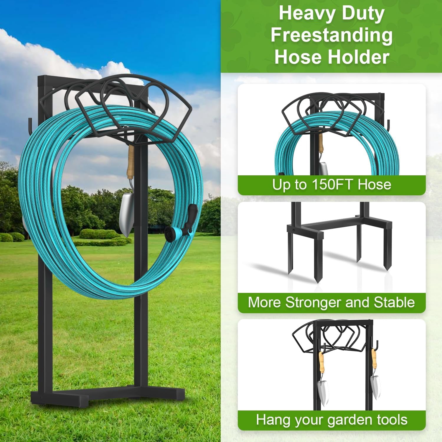 Garden Hose Holder, Water Hose Reel Rack with 4 Spikes Heavy Duty Detachable Reel Stand Freestanding Hose Hanger, Garden Water Reel Rack for Outside Yard Lawn