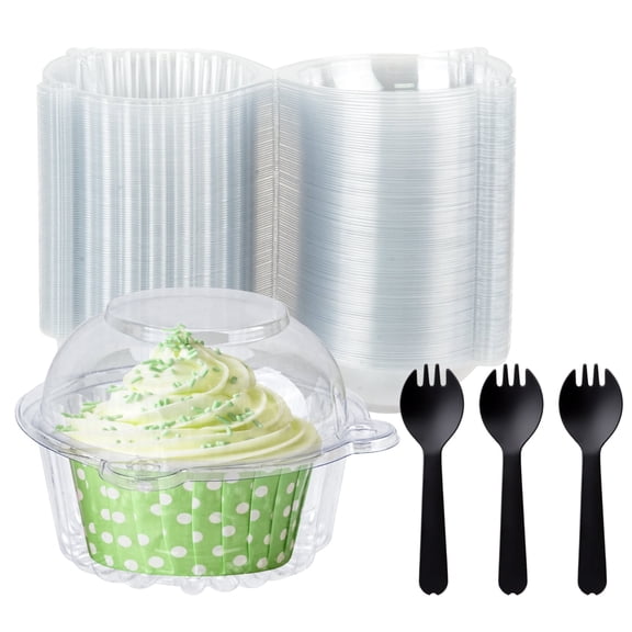 MOAMUN 100PCS Cupcake Holders, Disposable Clear Plastic Single Individual Cupcake Boxes, Cupcake Containers with 100PCS Spoons for Parties