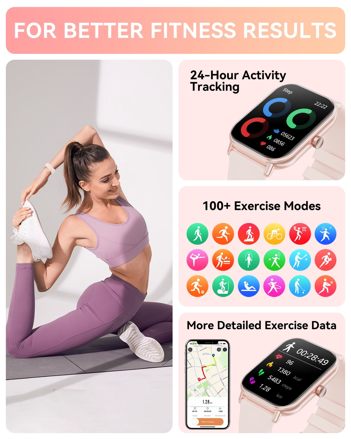 Haulvean 2025 New 1.85-inch Smart Watches for Women, with Answer/Make Calls/100 Sport Modes, Fitness Tracker Watch, Fits for Android and Iphone Devices（Pink）