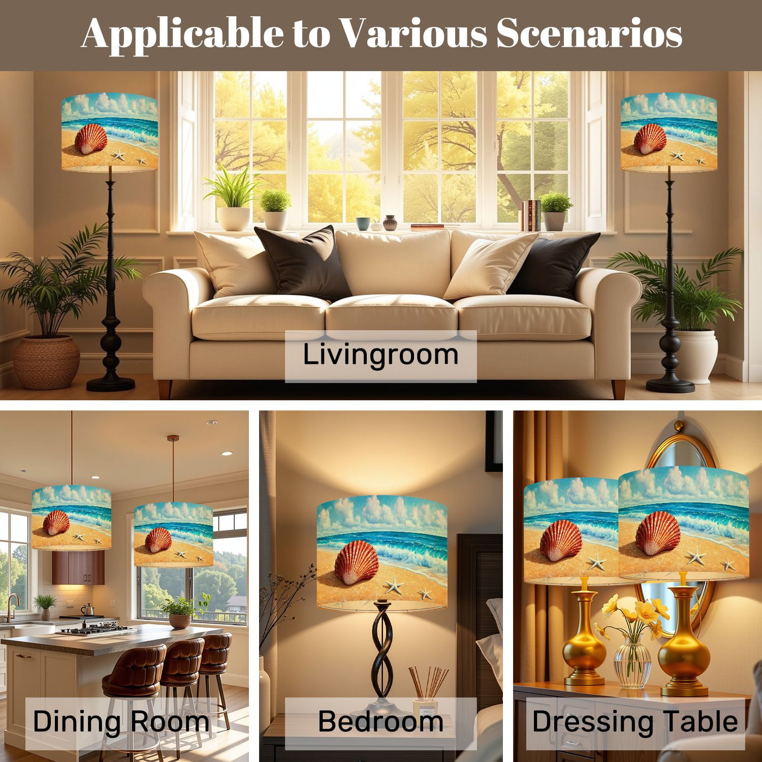 Lampshades 2 Pack Blue Beach Seashell Coastal Ocean Colorful Sea Skyline Wave Sand 13"x13"x10" Light Shade for Table Lamps Floor Lamps Drum Lamp Shades Lampshade Replacement Easy Assembly