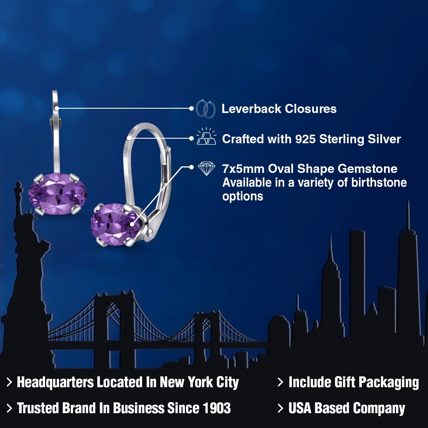 Gem Stone King 925 Sterling Silver Purple Amethyst Leverback Earrings for Women (1.50 Cttw, Gemstone Birthstone, Oval 7X5MM)