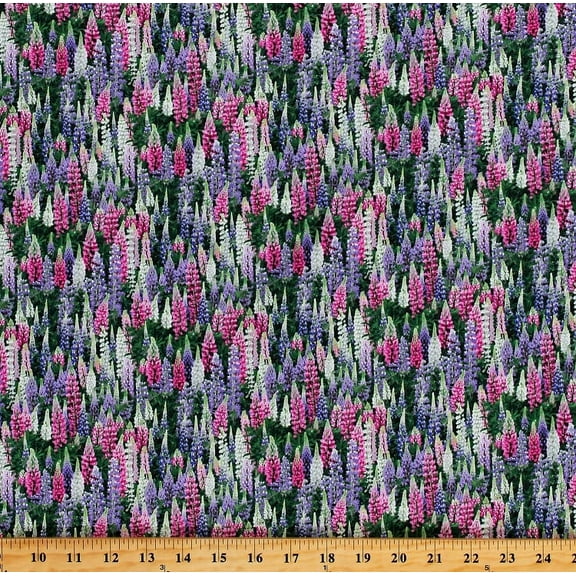 Cotton Lupines Floral Wildflowers Pink Purple Flowers Spring Garden Landscape Medley Cotton Fabric Print by the Yard (539MULTI)