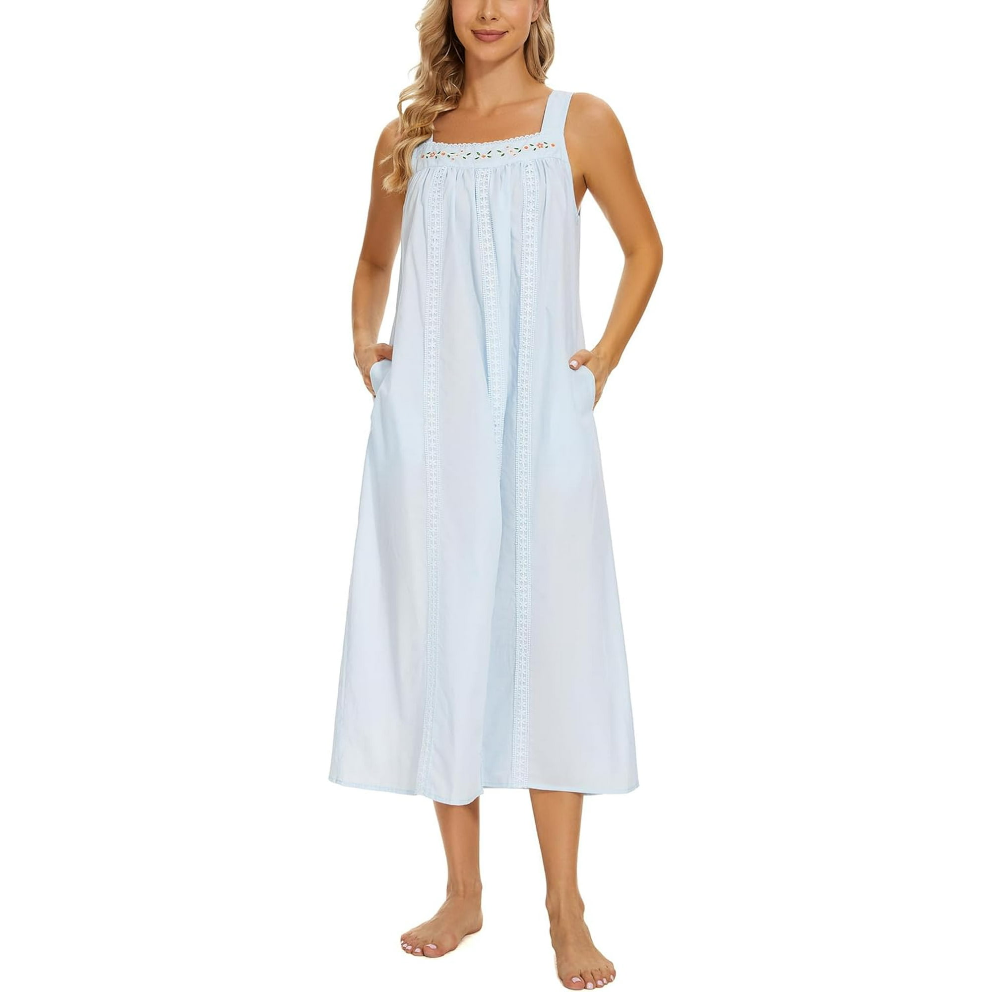 Victorian Nightdress Vintage Style Cotton Nightgowns Cotton Nightgowns For  Women Embroidery Sleeveless Night Gown With Pockets S-XXL,Light Blue
