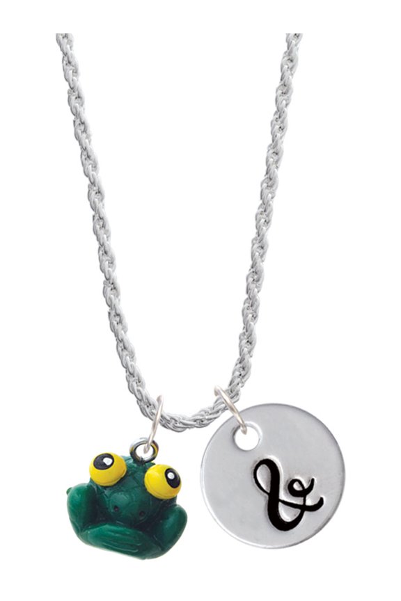 Resin Big Eyed Frog Silvertone Script Initial Disc - & - Charm Necklace, 20"+3"