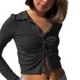 thumbnail image 3 of Diconna Women Blouse Solid Color Turn-down Collar Long Sleeve Crop Tops, 3 of 4