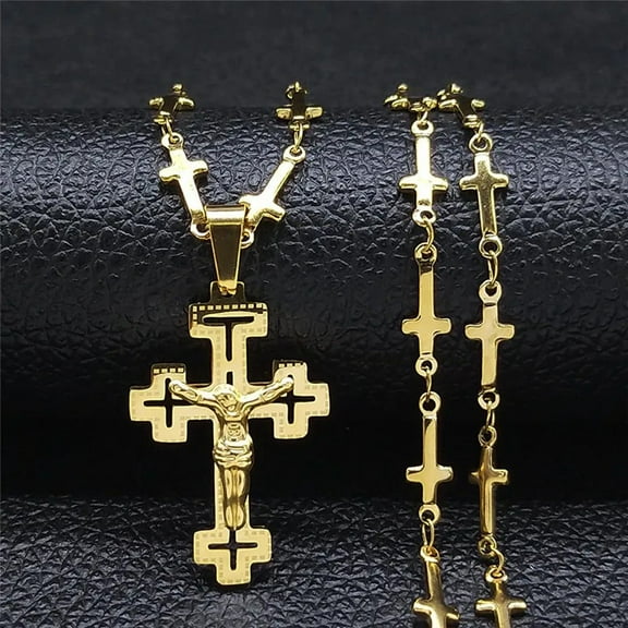 Christian Cross Jesus Necklace for Women/Men 14K Yellow Gold Crucifix Rosary Chain Jewelry rosario hombre