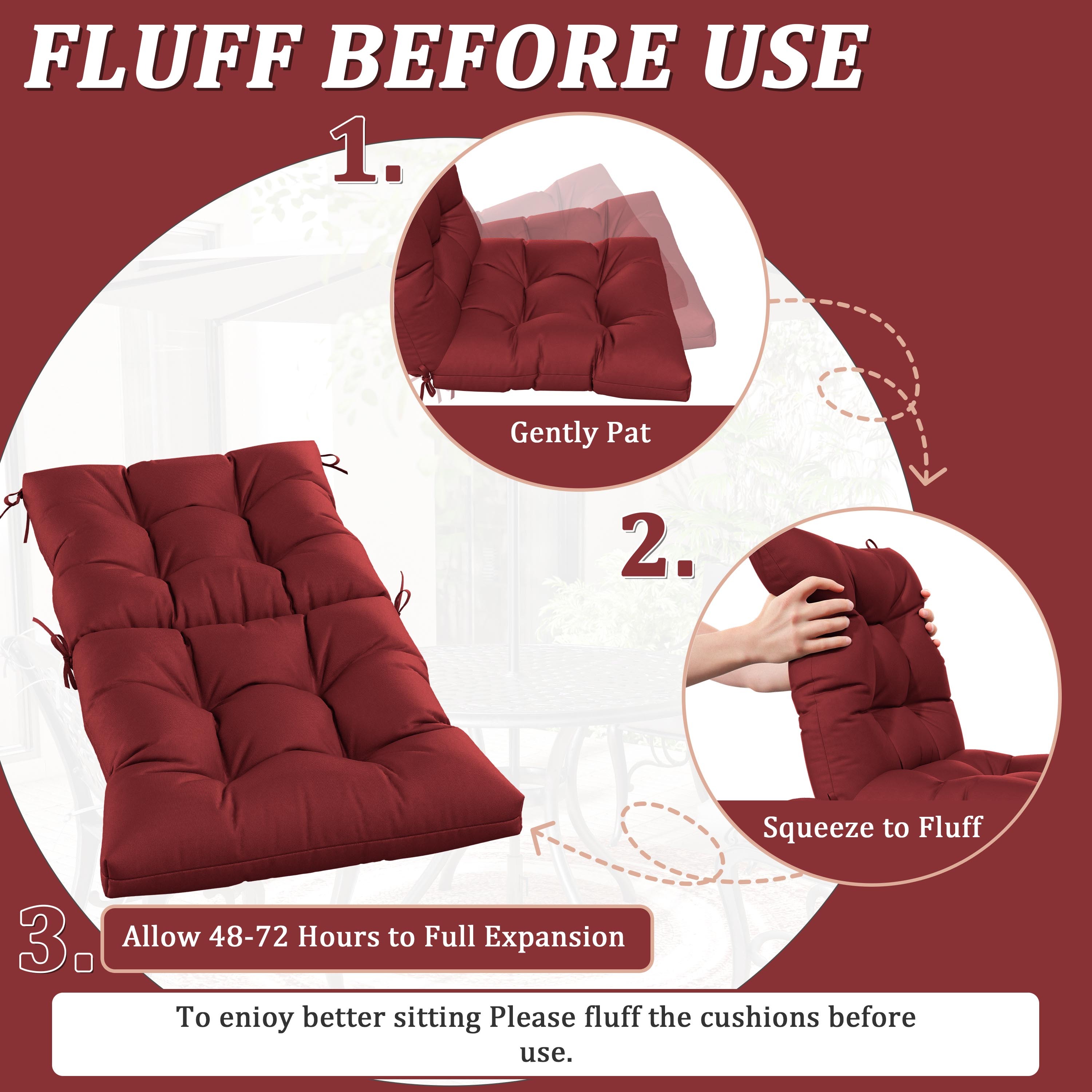 Pakunoda Chairs Cushions 42" X 21" Tufted Non Slip Pad Seat and Seatback 4 Set Cushion with Ties for Patio Outdoor & Indoor Rocking Chair, Burgundy