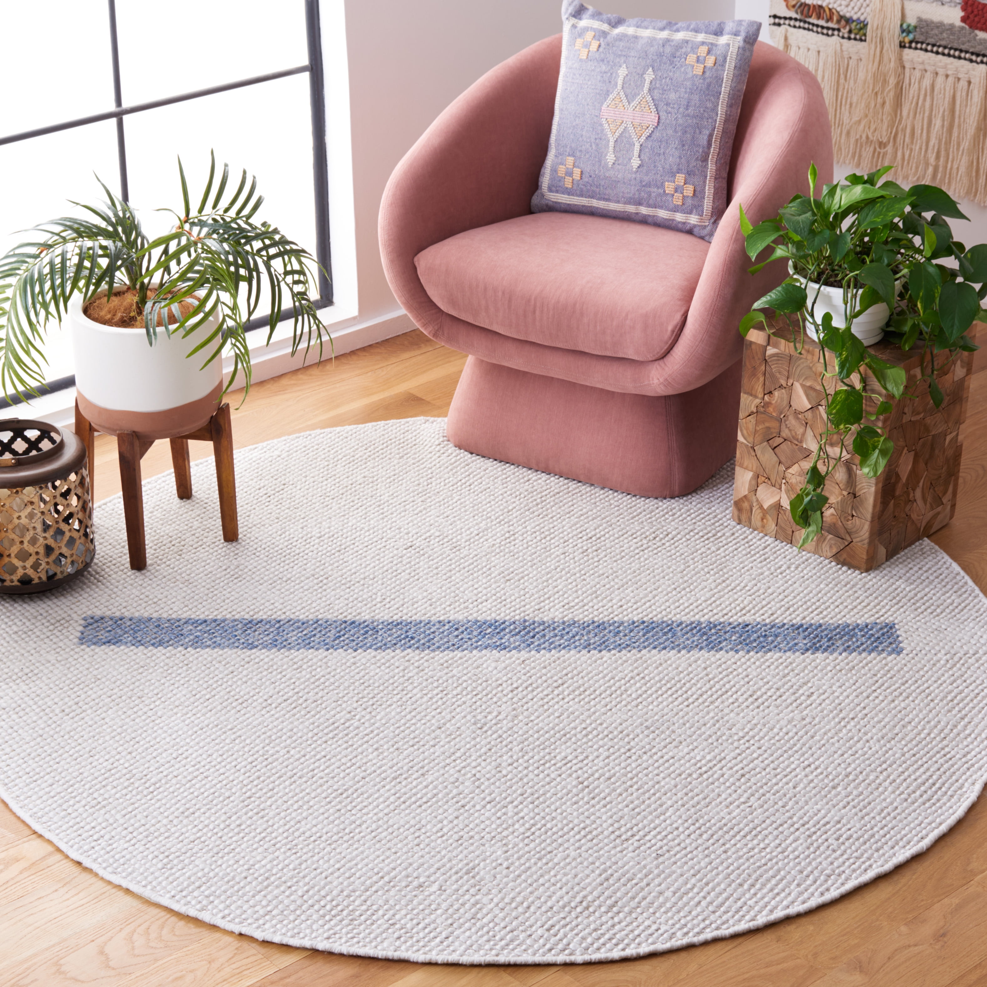 SAFAVIEH Natura Marina Striped Wool Area Rug, Ivory/Blue, 6' x 6' Round