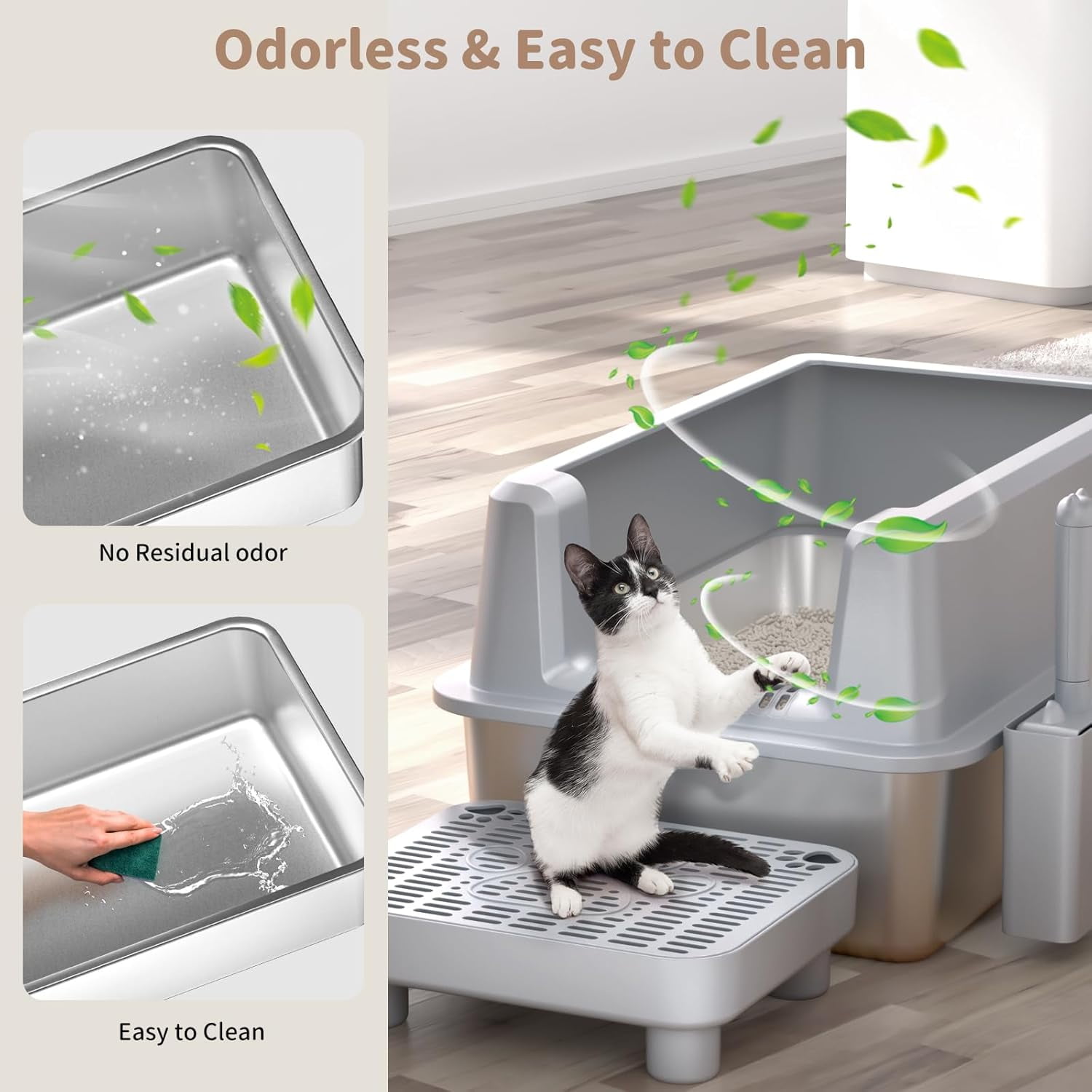 Stainless Steel Cat Litter Box with lid, Extra Large Metal Litter Box for Big Cats XL High-Sided Steel Litter Pan with Anti-Leakage Design, Odorless, Easy Clean, Includes Scoop (Gray)