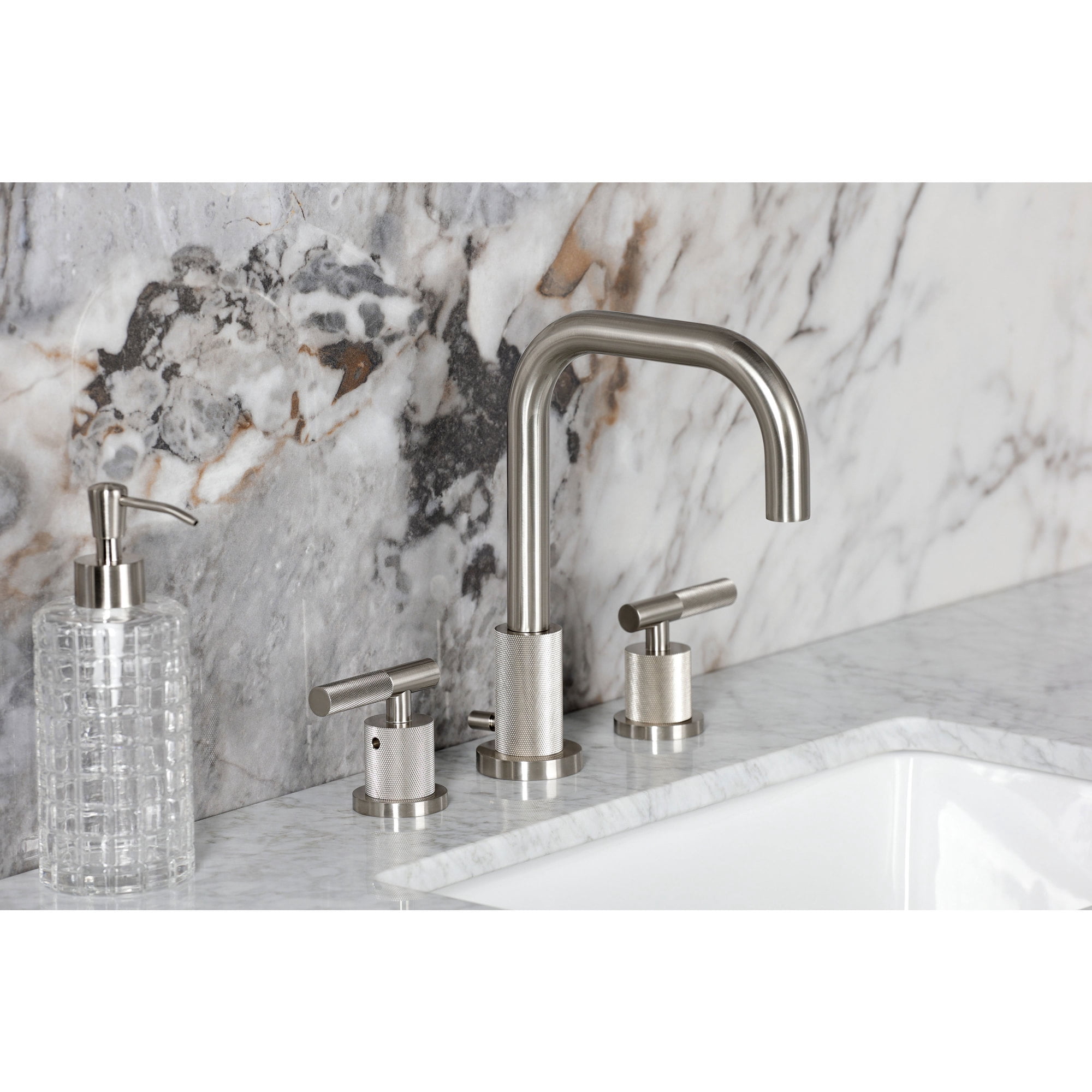 Kingston Brass FSC8938KNL Convergent Two-Handle 3-Hole Deck Mount Widespread Bathroom Faucet with Knurled Handle and Brass Pop-Up in Brushed Nickel