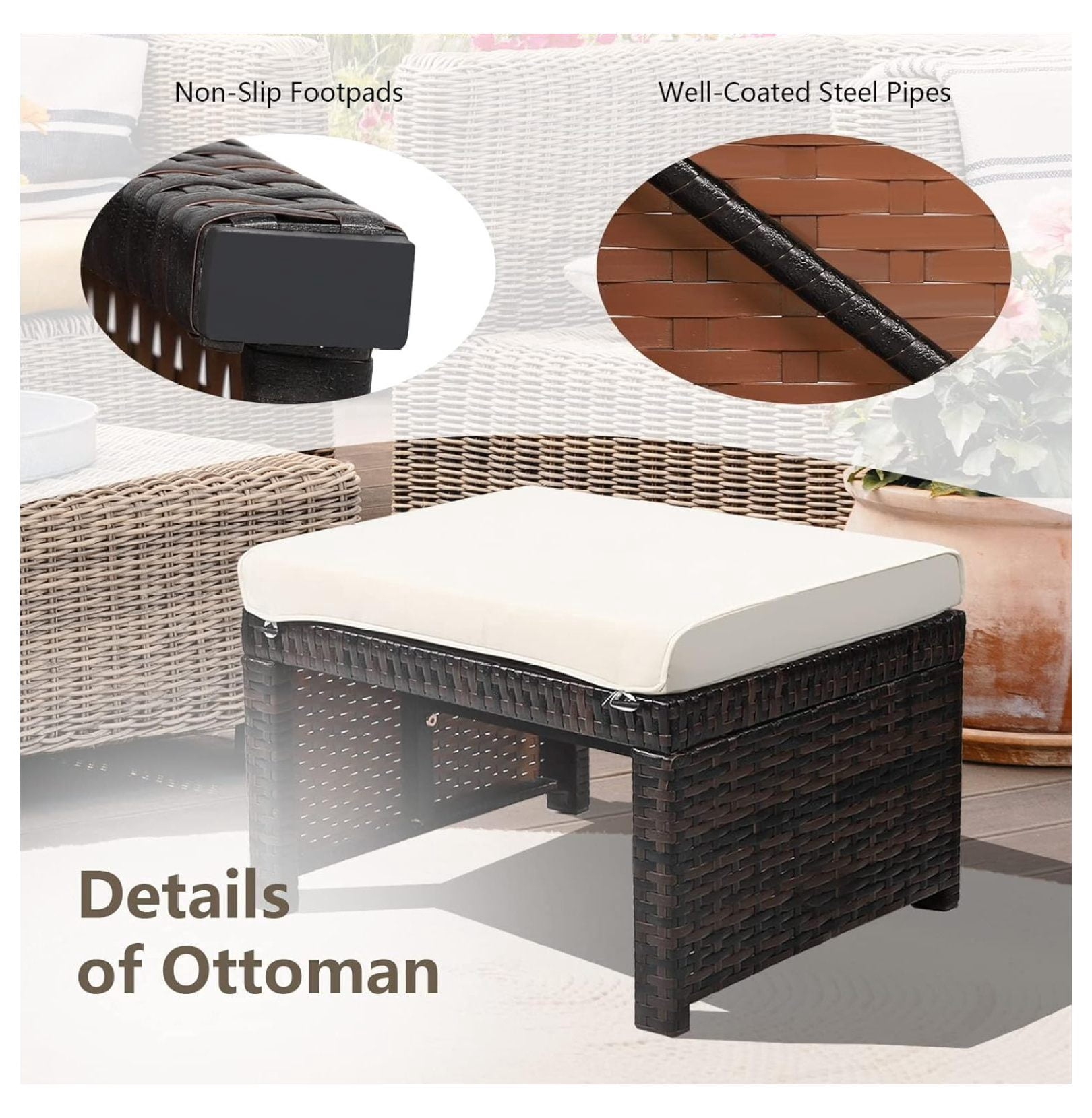 Outdoor Wicker Ottomans with Cushions, Steel Frame Patio Rattan Footstool, 2-Piece