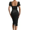 thumbnail image 3 of DYMADE Women Elegant Short Puff Sleeve Belted Midi Velvet Slim Sheath Dress, 3 of 4