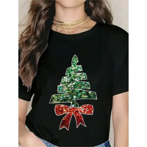 Christmas Tree Sequin T-Shirt Women's Holiday Sparkle Top Festive Xmas Party Wear For Christmas Celebration