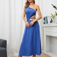 thumbnail image 5 of Bigersell Plus Size Dress Sleeveless Elastic Waist Fashion Women Casual Solid One-Shoulder Sleeveless Backless Belt Long Dress Plus Wrap Dress Style 4173, Female Cropped Dresses Blue L, 5 of 8