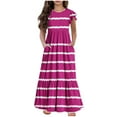 thumbnail image 1 of Yanlir Robe d'Été Mignonne à Col Rond pour Filles – Robe Unie à Manches Courtes à Imprimé Rayé avec Poche pour un Style Décontracté et Stylé 6-13 Ans (Rose Vif, 10-11 Ans), 1 of 5