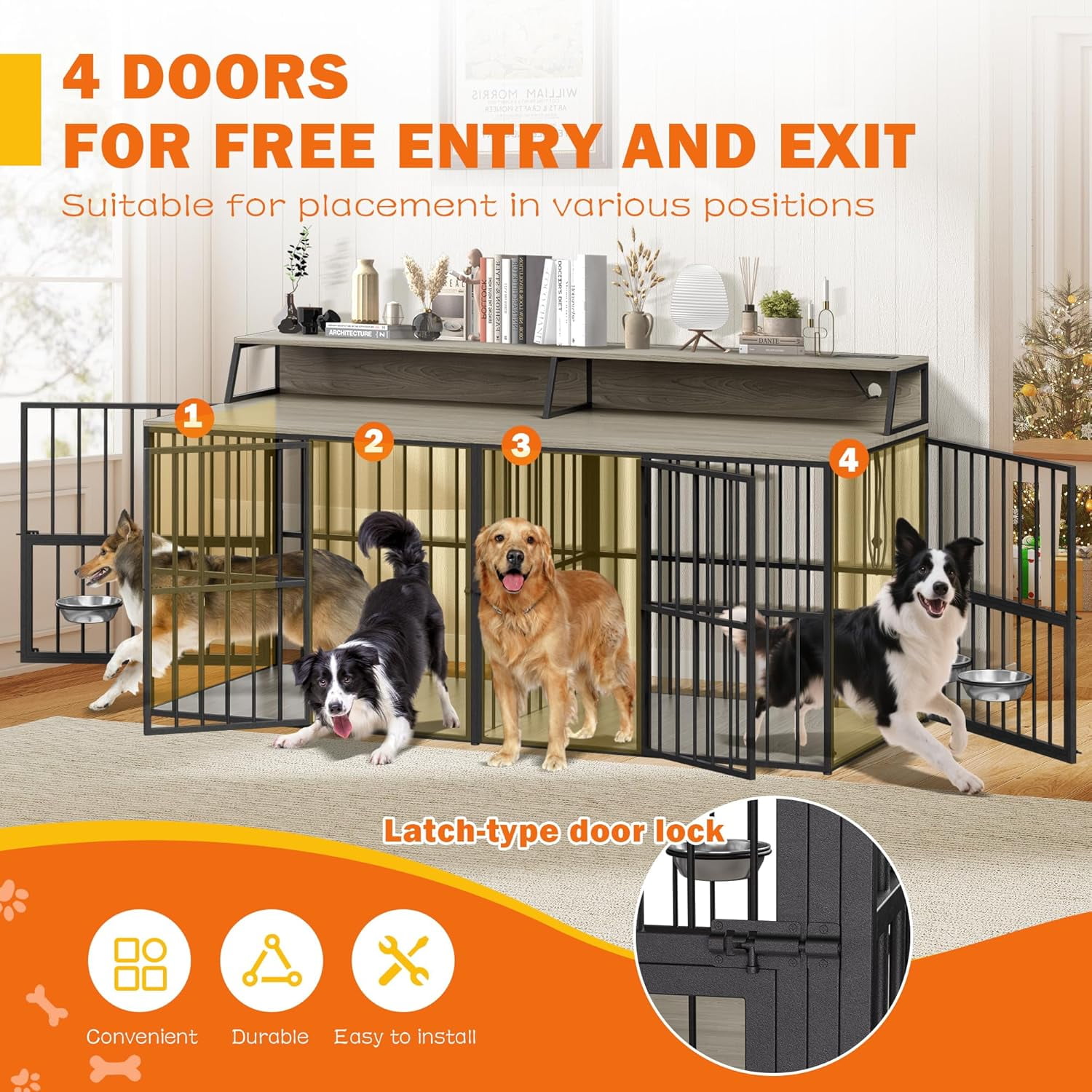 Haverchair 72" Double Dog Crate Furniture with LED Light and Power Outlets, Heavy Duty Wooden Dog Crate TV Stand with Storage Rack, Dog Kennel Indoor Furniture with Rotating Bowls for Large Dogs