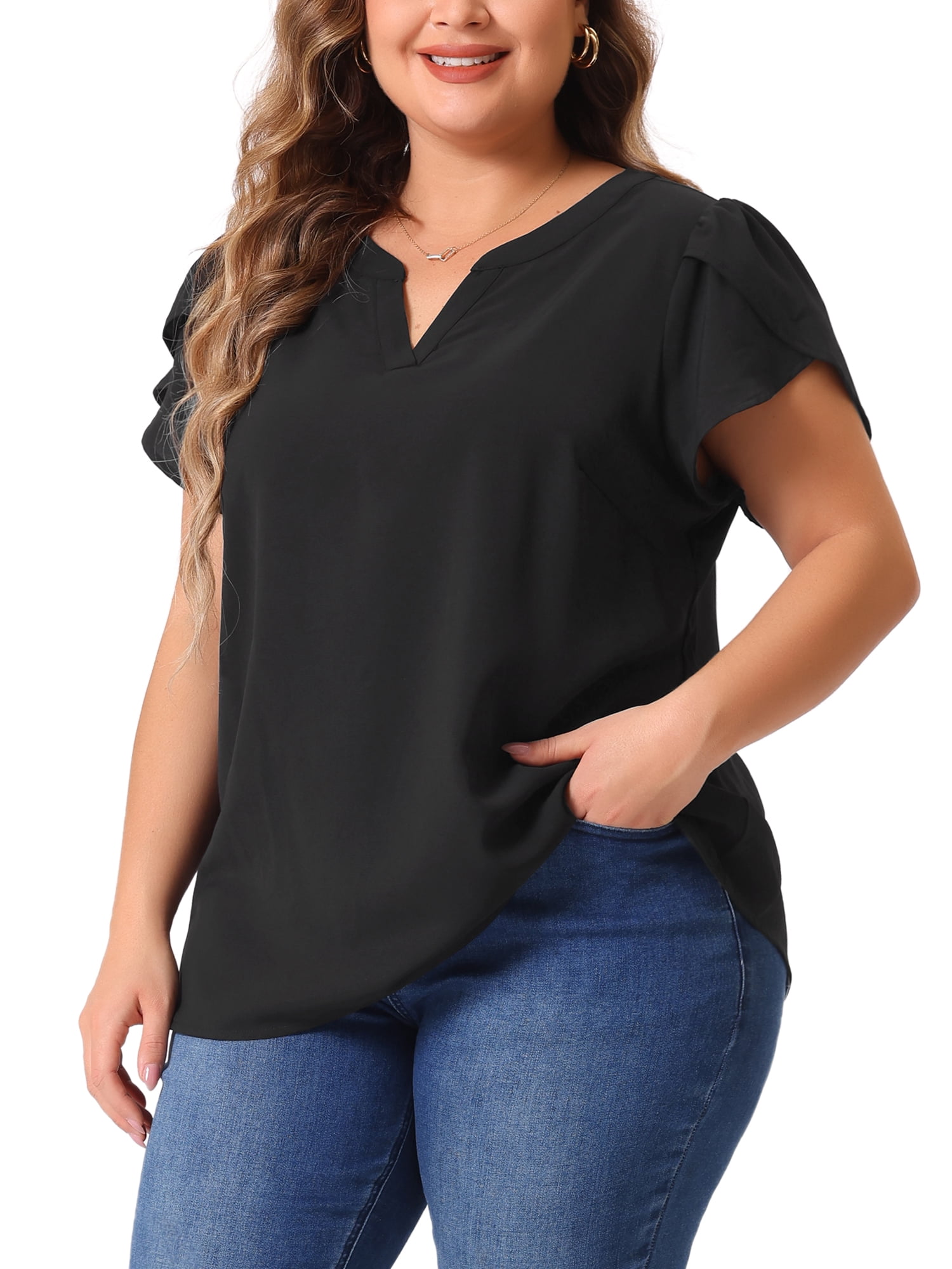 Women's Plus Blouses Notched V Neck Short Petal Sleeve Shirts Casual Dressy Tops 4X Black