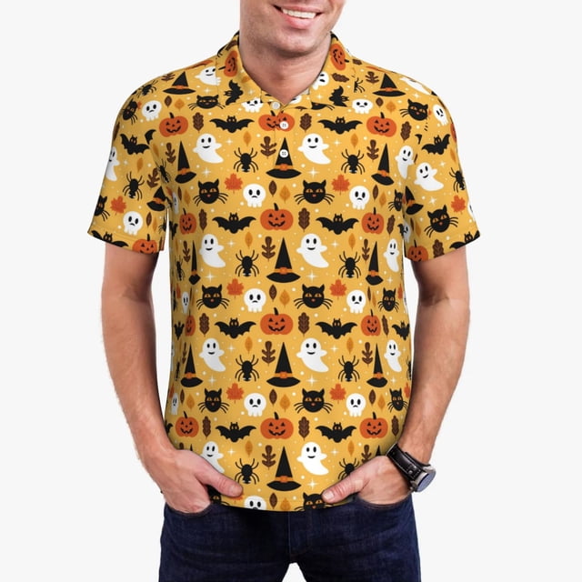 Fotbe Halloween Ghost Pumpkin Camiseta Polo de Golf para Hombre con Estampado – Camisa Deportiva Transpirable con Cuello Abotonado-Large