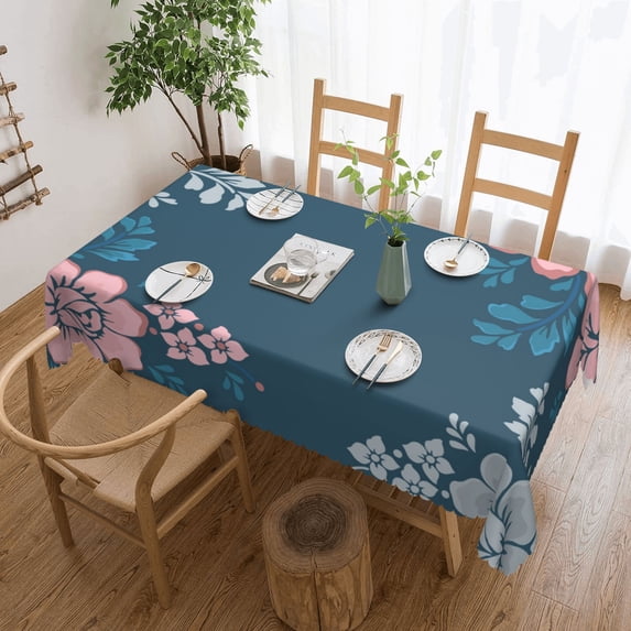 XMXY Table Cloth Rectangle Table, Flower's Party Deep Blue Dining Table Cover Waterproof Washable Outdoor Tablecloth, 54 X 72 Inch