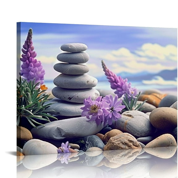 JRXY Zen Canvas Wall Art, Stones with Purple Lavenders Painting Print Relax Scenery Picture Photo for Bathroom Spa Room Decor(Artwork-01, 18"x12") 20x16in