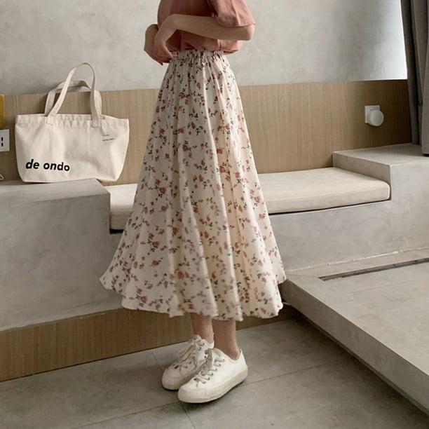 Qooth Falda Larga Plisada De Cintura Alta Con Tampado Floral Para
