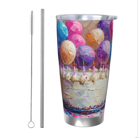 

Zeuib Colorful Balloon Cake Celebration Printed 20oz Stainless Steel Insulated Car Cup Stainless Steel Thermal Cup Vacuum Insulated Leak-proof Travel Mug Cup-Straw Two-piece Set