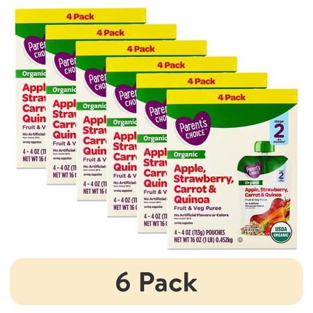 (6 pack) Parent's Choice Organic Stage 2 Baby Food Apple, Strawberry, Carrot & Quinoa, 4 oz Pouches, 4 Pack