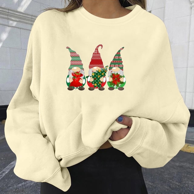 EGNMCR Chandail de Noël Mode Femme Ample Imprimé de Noël Manches Col Rond
