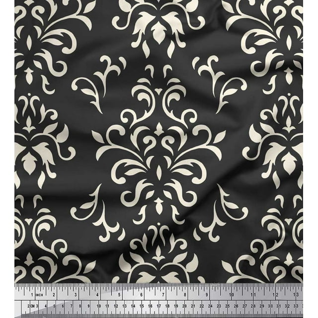 Soimoi Gray Cotton Poplin Fabric Filigree Damask Decor Fabric Printed Yard 56 Inch Wide