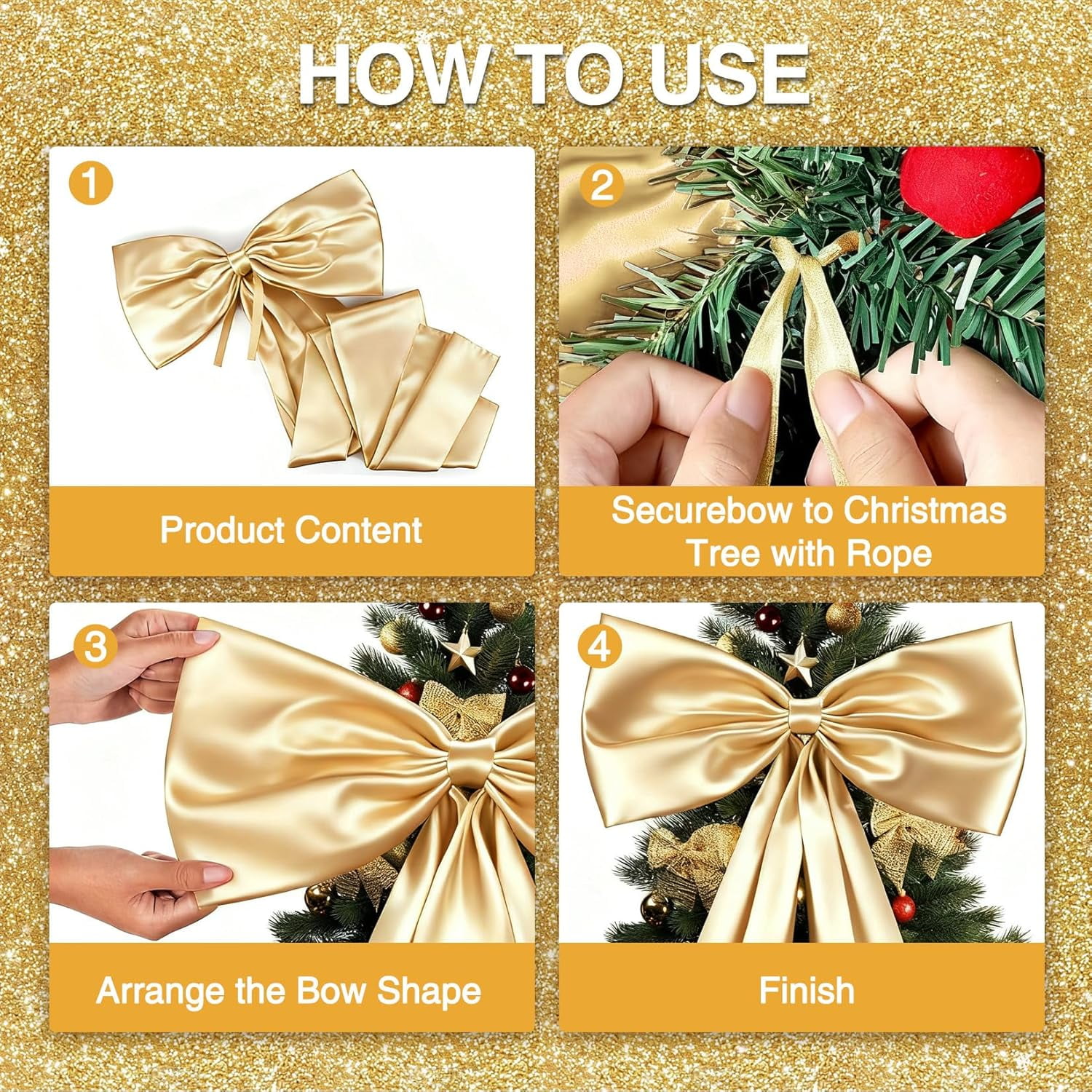 Rugerasy Topper Bow - Christmas Tree Classic Gold Ribbon Bow for Xmas Tree Decor,Holiday Party & Wedding Decorations,Gold